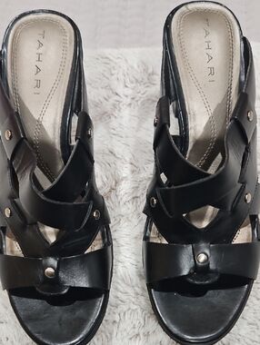 Tahari Black Leather Crisscross Slide Mules